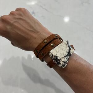 Wild Horse Magnesite Stone On Leather Wrap Snap Bracelet, boho, hippie, gypsy.